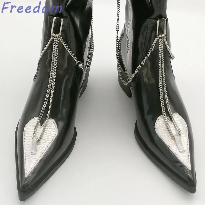 Cool sweet fashion boots for women in autumn new style pointed toe thick heel metal chain decorated versatile sleeve boots