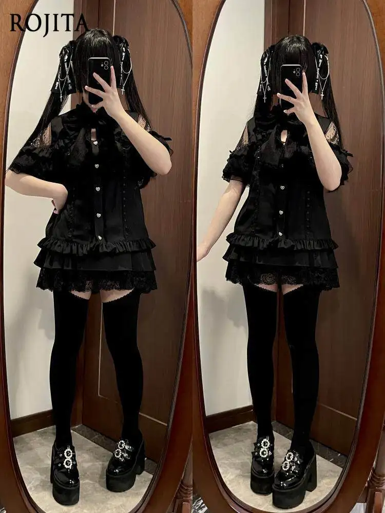 

Black Lace Blouse 2026 New Japanese Style Original Design Sweet Lace Bow Off-shoulder Short Sleeve Top Flared Sleeve Women Tops