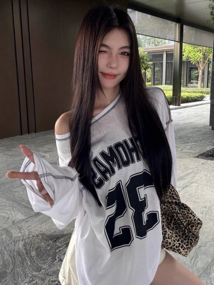 

Y2k Aesthetic Women Letter Print Gothic T-shirts Harajuku Skew Collar Casual Streetwear Tops 2025 Oversized Grunge Autumn Tees