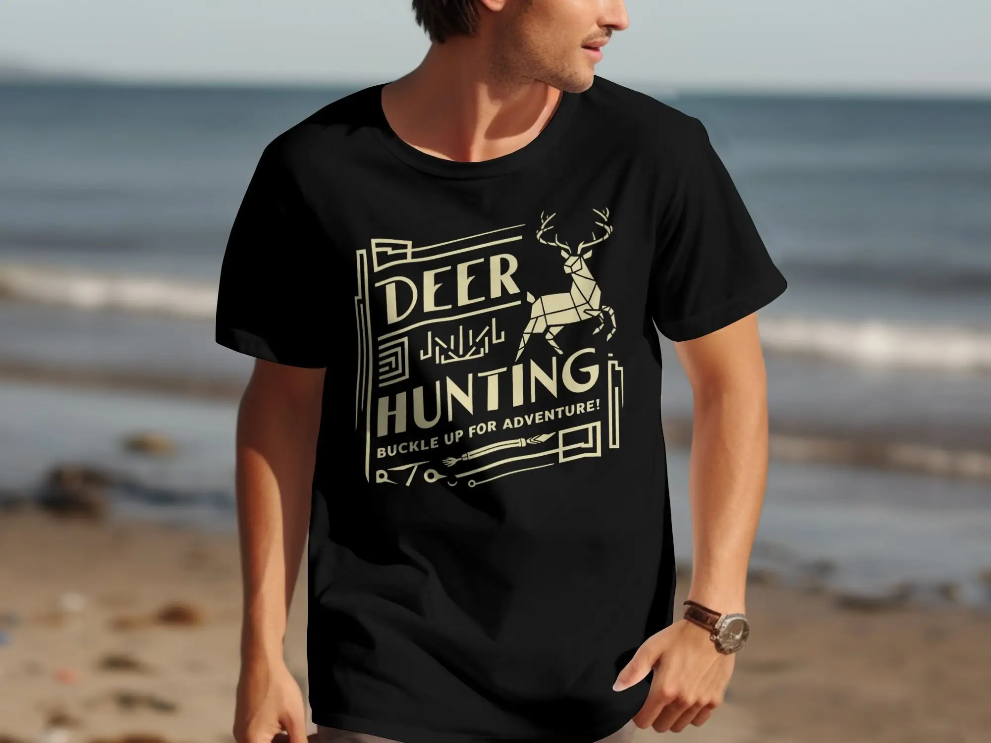 Deer Hunting Buckle Up For Adventure Geometric Design Stylish T Shirt Unique S Hunters Outdoor Enthusiasts Apparel