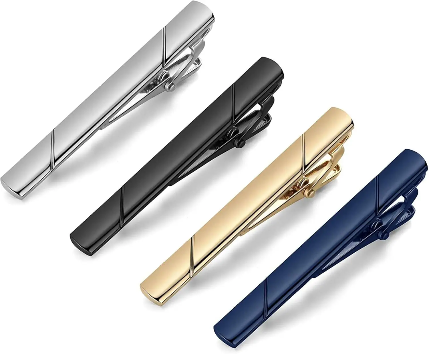 4pcs Tie Clips for Men, Black Gold Blue Silver Tie Bar Set for Regular Ties, Ideal Gift for Father, Husband, Boyfriend, Business