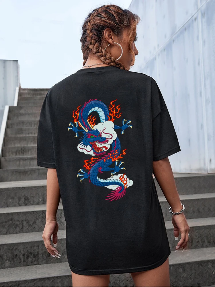 Blue Fire Dragon Creativity Print T-Shirt Female Oversize Casual Tshirt Comfortable Breathable Short Sleeve Cotton Brand Tops