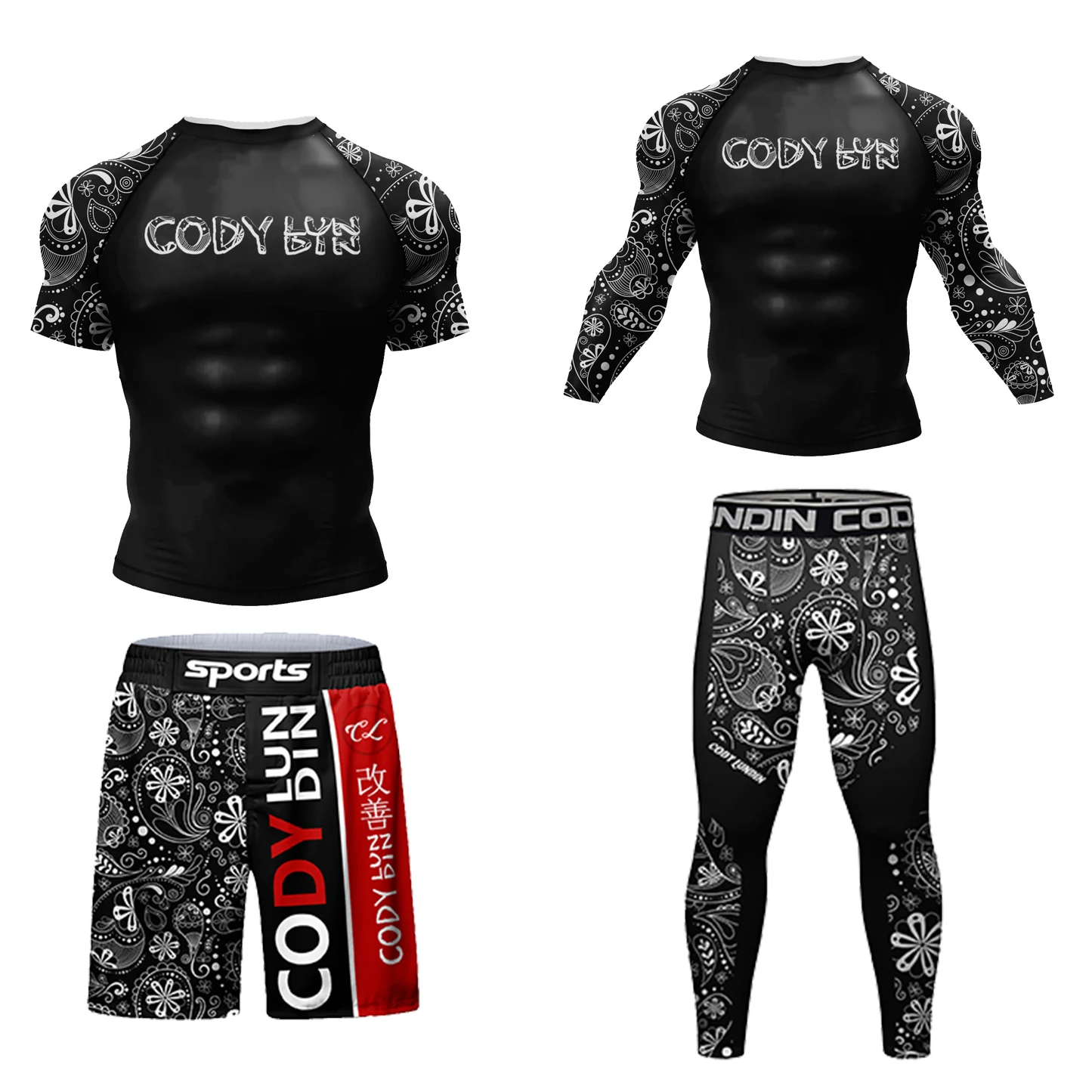 Cody Lundin Men's Fight Athletic Set Graphic Print Compression Rash Guard High Elastic Quick Dry MMA BJJ Tops Shorts Pants