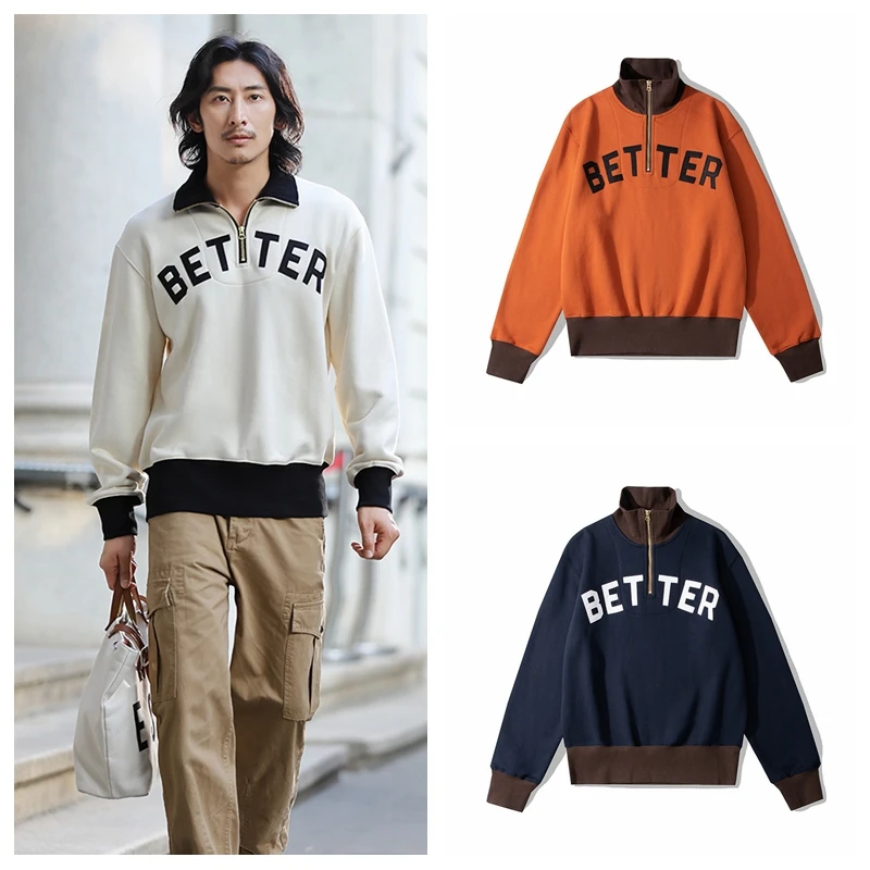 

American Sle Thiened Hoodie Sweatirt with f Zipper And Letter Design for Men High Collar Vintage Retro Sle