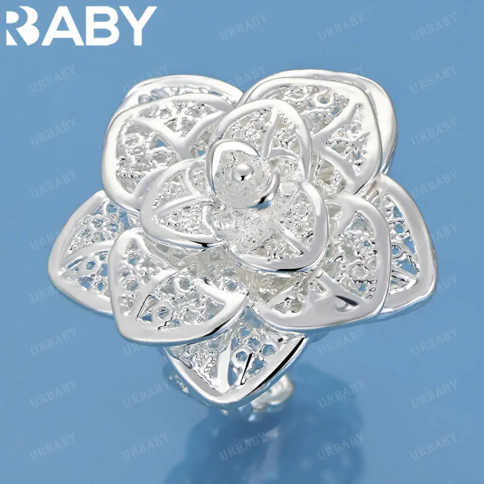 

URBABY 925 Sterling Silver Big Hollow Flower Open Ring For Women Fashion Jewelry Charm Grace Wedding Engagement Accessories