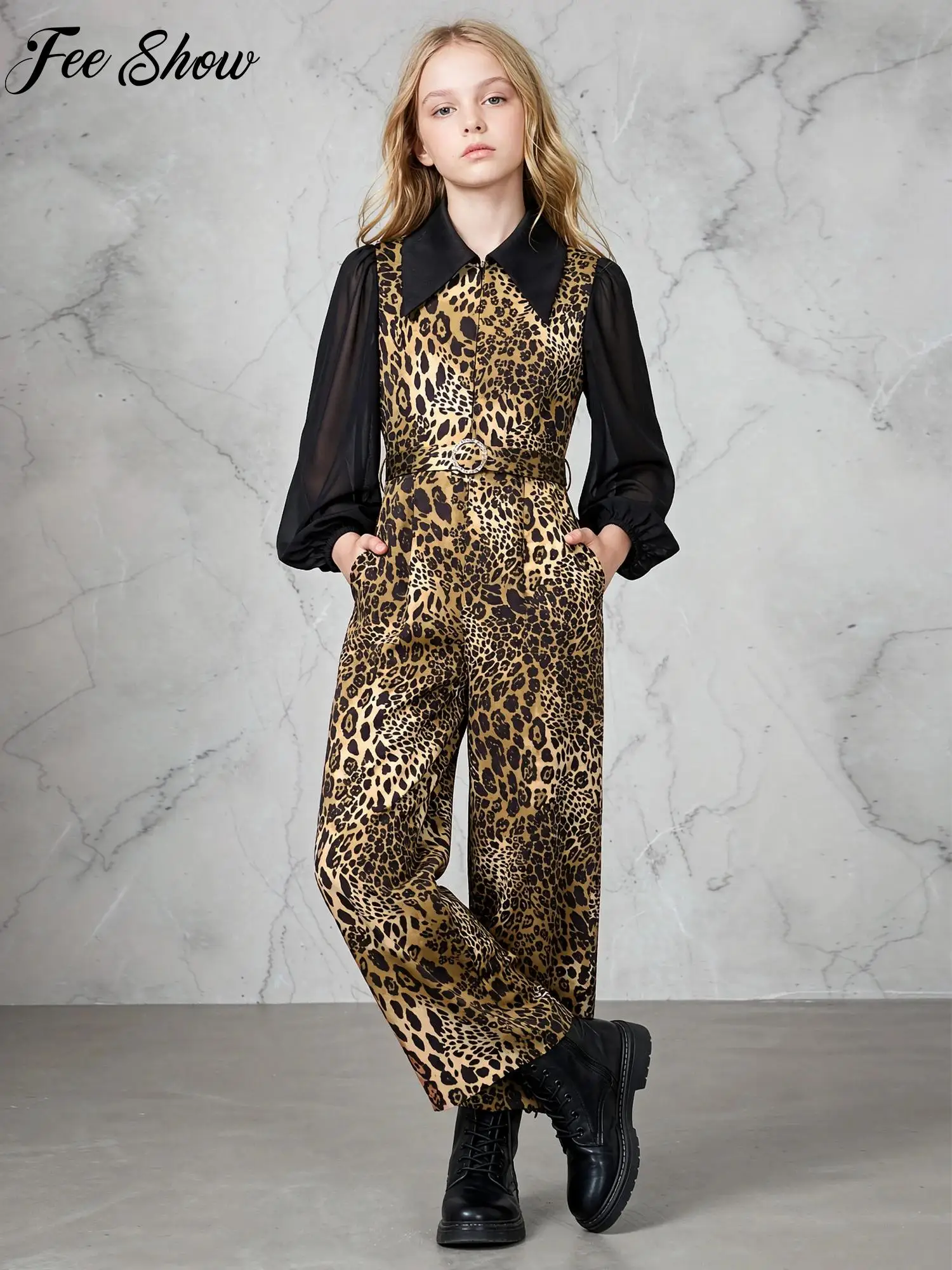 Kids Girls Stylish Leopard Printed Jumpsuit Turn-down Collar Chiffon Long Puff Sleeves Zipper Romper for Birthday Holiday Travel