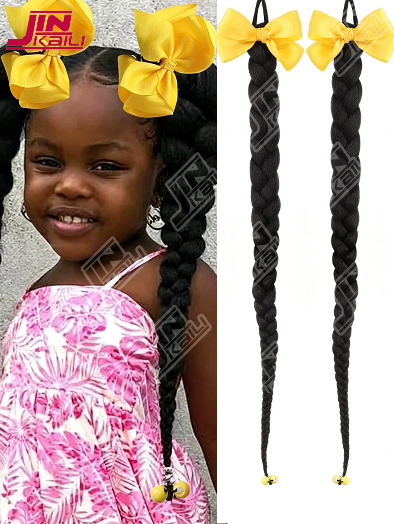 JKLSynthetic 24inch hair extension wig yellow bow ponytail with hair extensions Long Braided Ponytail Hair Accessories Christmas