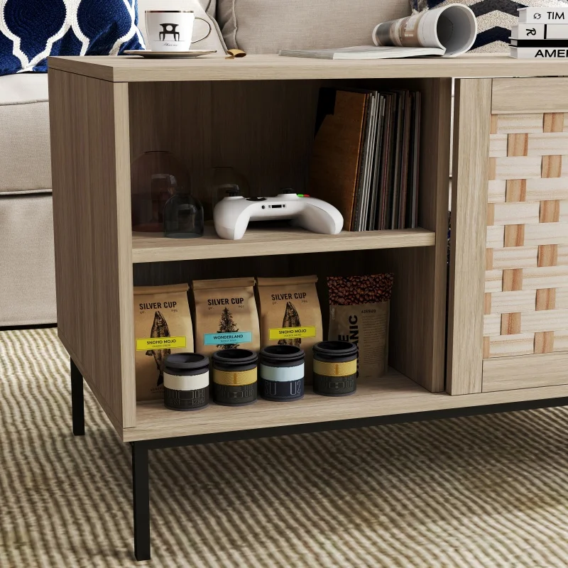 Coffee Table 19*41 in Rectangle Furniture With Storage Cabinet 4 Sliding Door Weaving Design  for Living Room Bedroom