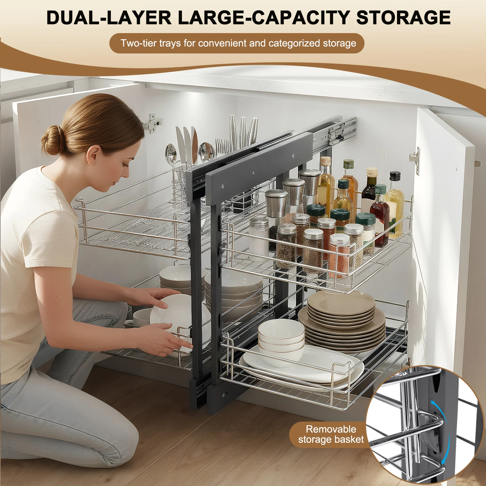 

Двухуровневая выдвижная корзина с открытыми левым и правым концами, совместимая с полками для хранения мисок, 4 полки для слепых углов кухни или ванной комнаты