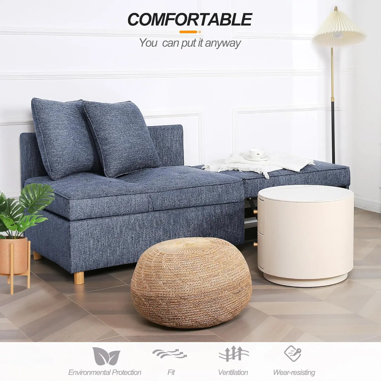 Four in one convertible sofa and long sofa, 3-seater linen double sofa with 2 pillows, 5 adjustable backrests, blue image 6