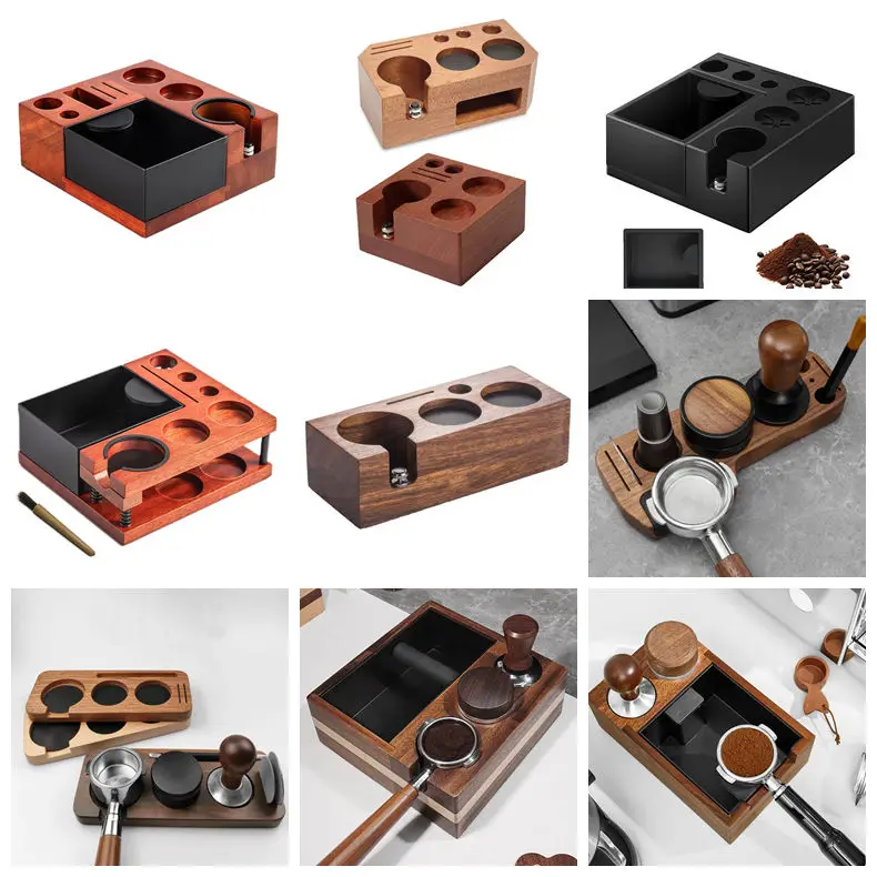 Wood Tamper Stand Knockbox Double-wall Spring-loaded Coffee Barista Tool Organizer Tamping Station Holder Espresso Knock Box 4