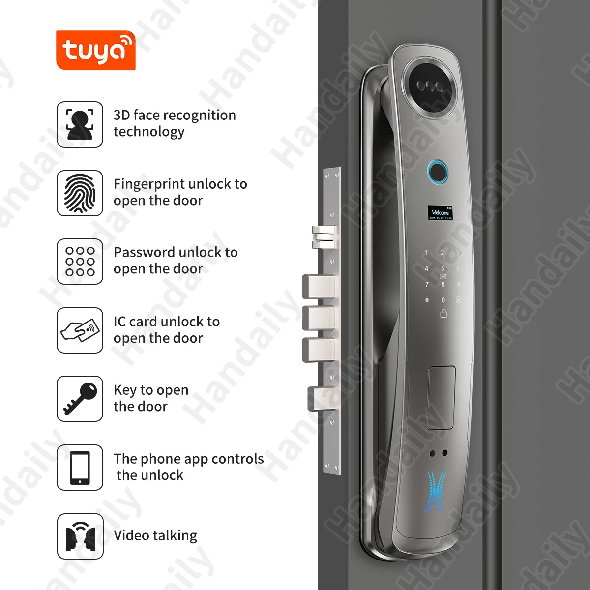HanDaily 2025 Trending Tuya Wifi Video Intercom Smart Lock with Lock-Anti-Peeking Password Face Recognition Digital Locks