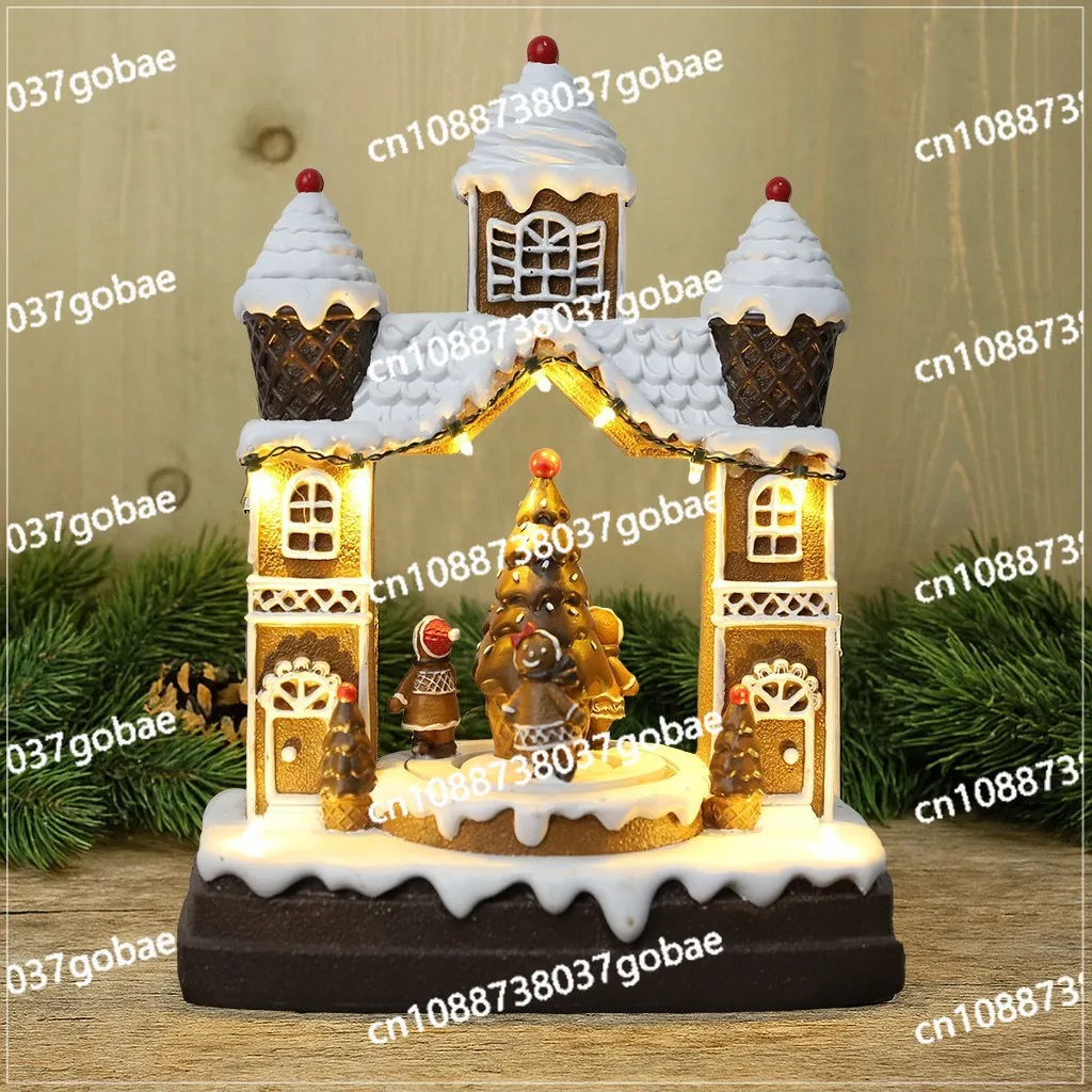 

Бисквитный домик в европейском стиле, дом со светящейся лампой, рождественский вращающийся музыкальный колокольчик, рождественские украшения и подарочная композиция