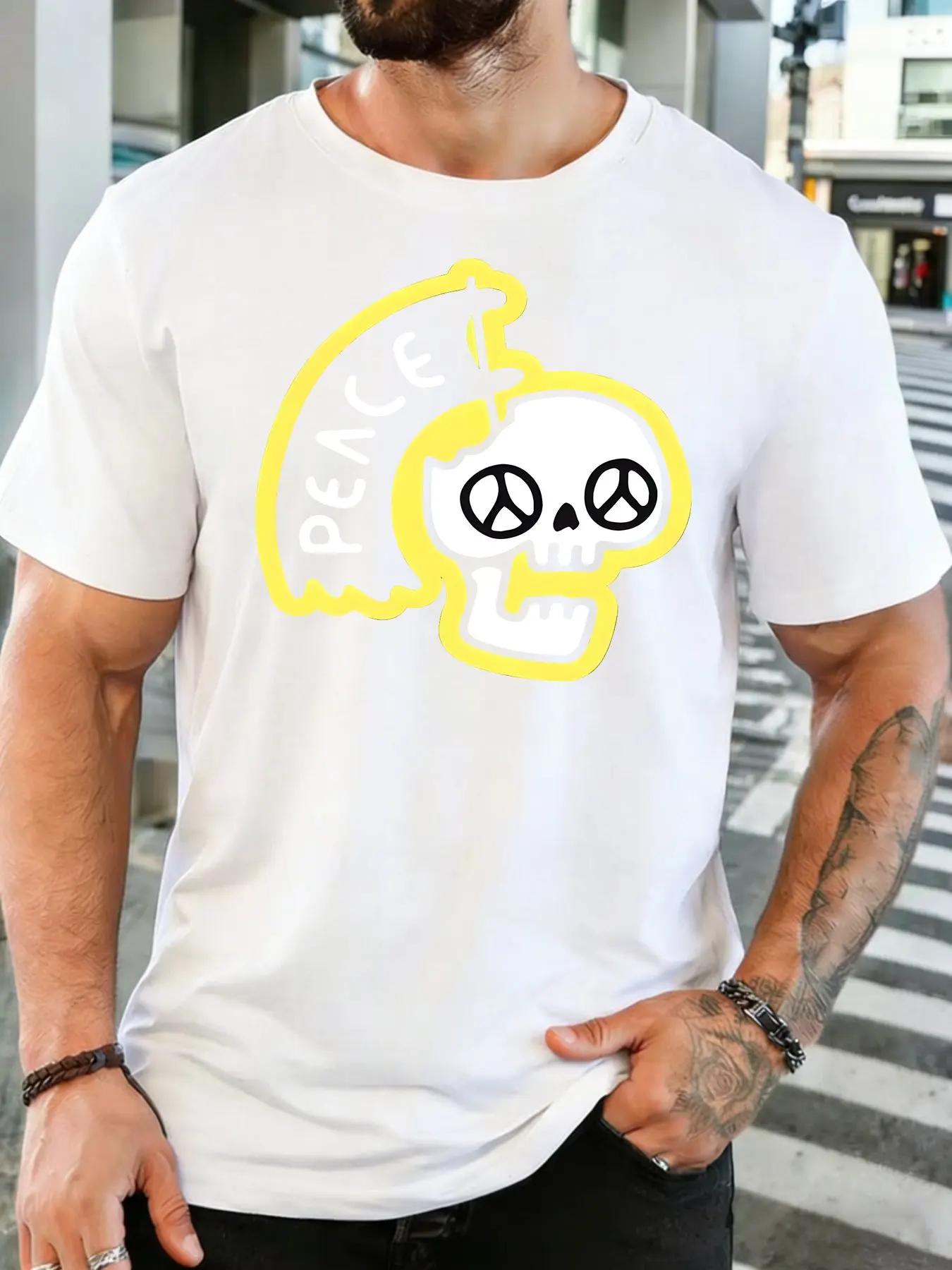 Fashion Mens Dark Grey Basic Tee Hippie Peace Skull Curved Flag Letter Print Street Trend Casual Short Sleeve Shirts