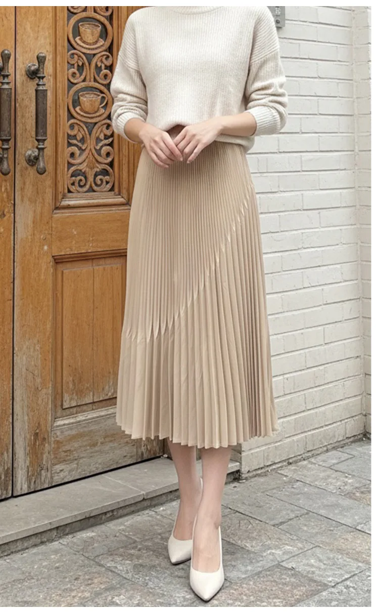 Miyake High-Waisted Slimming Midi Skirt, 2026 New Style, Elastic Waist, Loose A-Line, Elegant Mid-Length Pleated Skirt