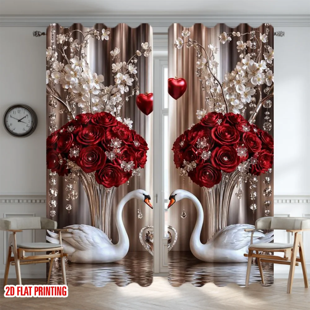 2D flat printing 2pcs Curtain Drapes Valentine's Swans and Roses Digital Printed Polyester Drapes Family Party Perfect for