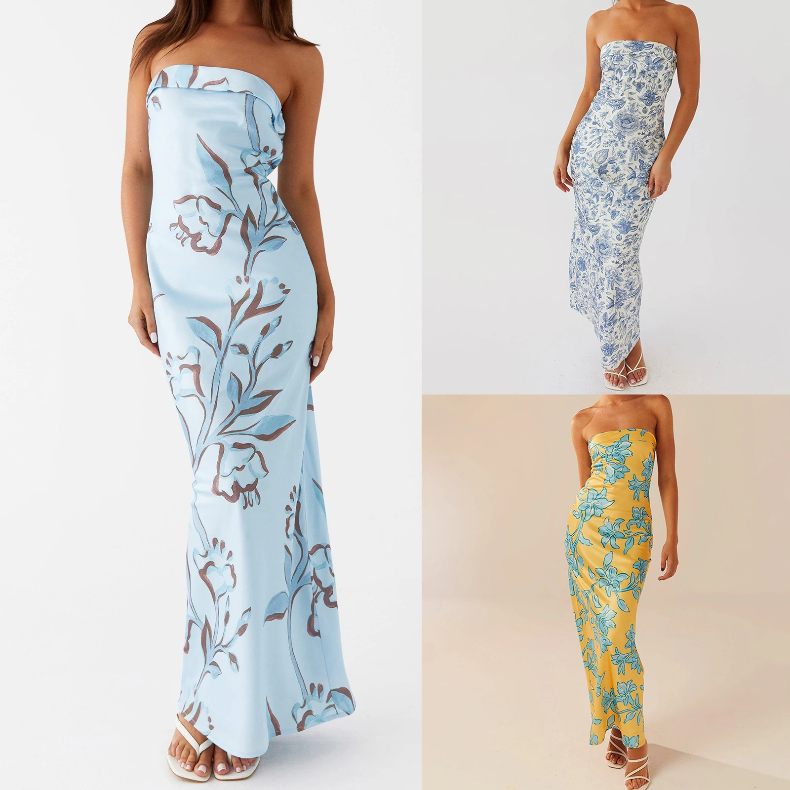 المرأة الصيف حمالة الجمالية الأزهار بسط الفرقة انقطاع عارية الذراعين أكمام مستقيم Bodycon أنبوب فستان طويل