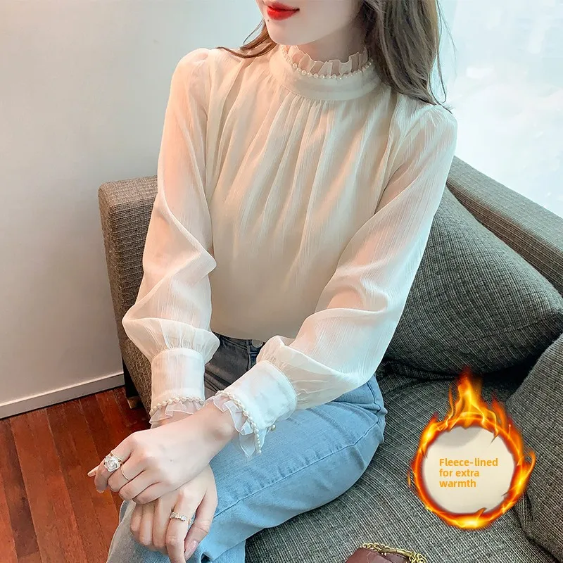 

Women's Long Sleeve Chiffon Base Shirt Half High Collar Wood Grain Autumn Winter Inner Wear Small Fragrance Style Top