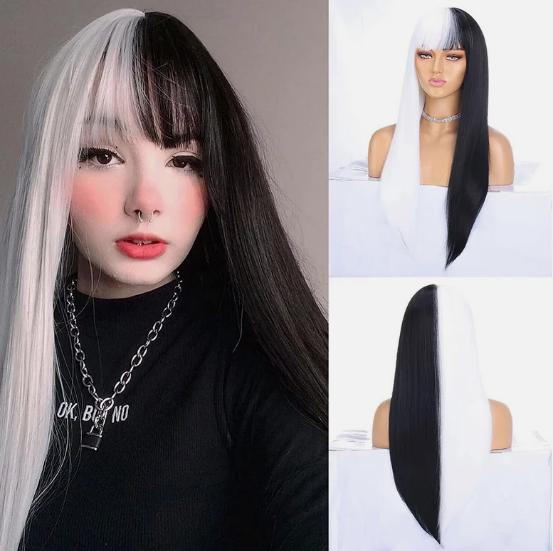 Half Black Half White Wig with Bangs Women Long Straight Wig Halloween Cosplay