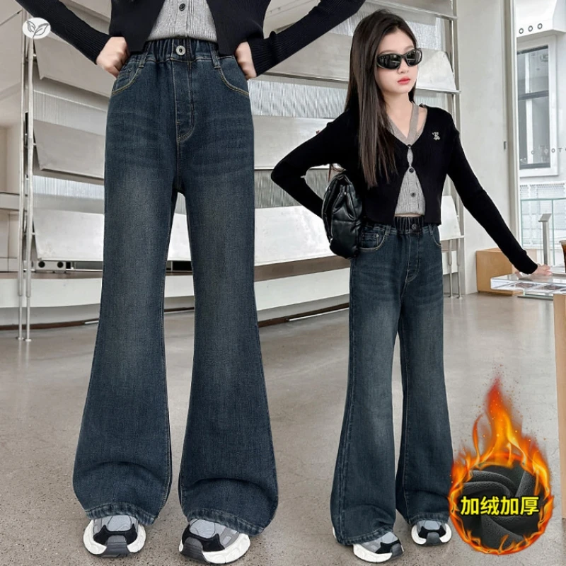 

Расклешенные джинсы для девочек — зимние теплые джинсовые брюки для больших девочек, прочные и можно стирать в машине, подходят для детей 7–14 лет.