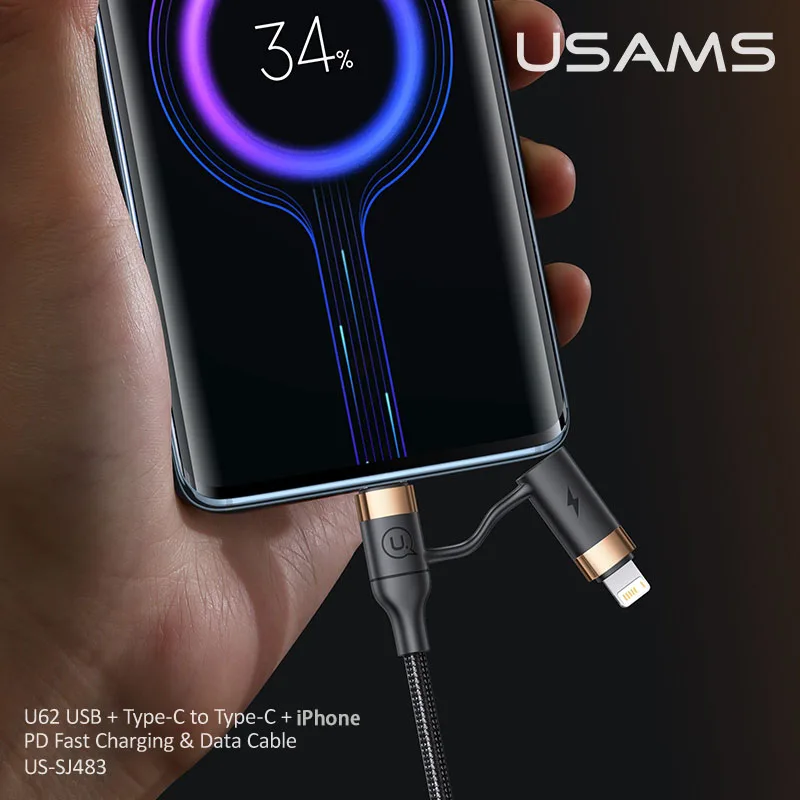 USAMS U62 4in1 60W PD USB C Cable For iphone 14 13 12 Pro Max USB To Type C To Type C Fast Charging For ipad Samsung Xiaomi