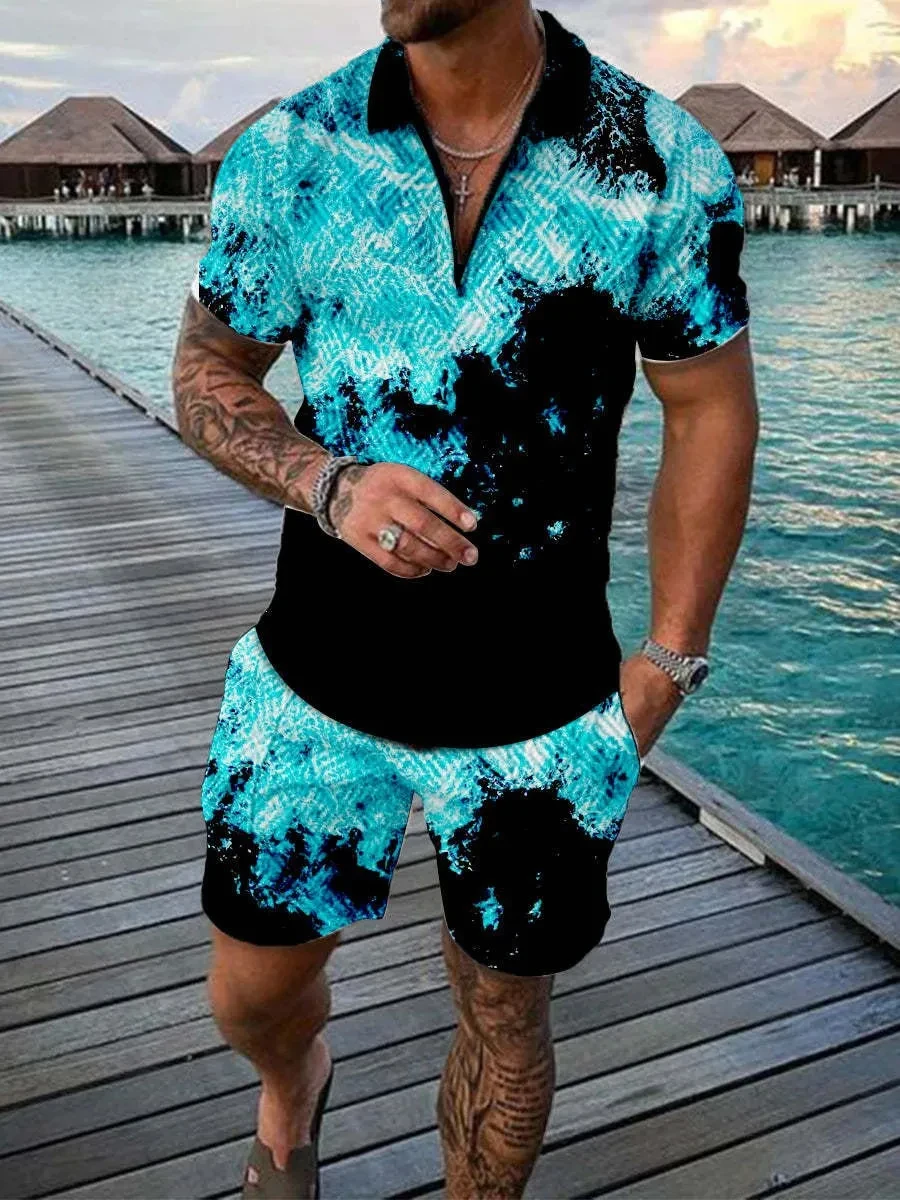 Abstract Pattern 3D Print Polo shirts 2pcs Set Zipper Lapel Polo Sets Zipper Collar+Shorts Hawaii Holiday Style Man Clothes