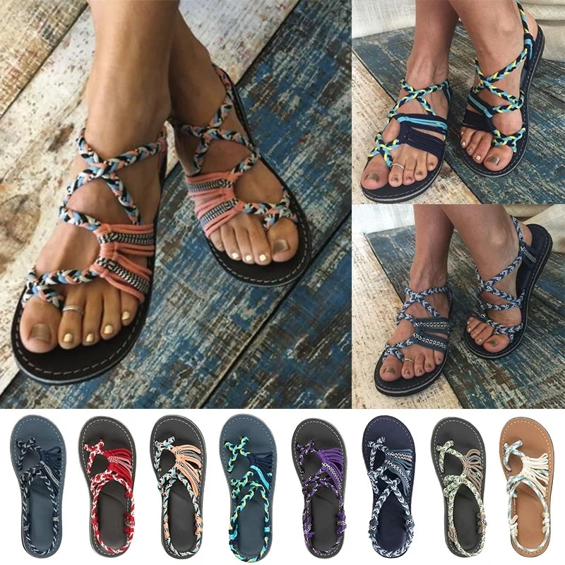 

Fashion Roman Summer Sandals Explosion Color Matching Rope Knot Beach Toe Flat Sandals Women Flat Shoes Women Sandalias De Mujer