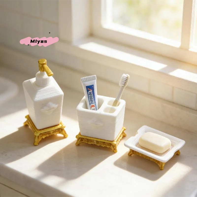 1/3Pcs Nordic Style Lotion Bottle & Soap Dish Mini Toothbrush Holder Model 1:12 Scale Dollhouse Miniature Bathroom Accessory Set