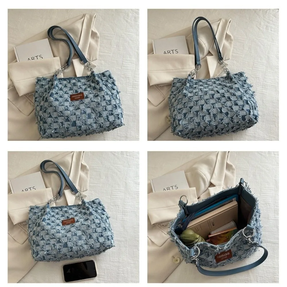 

Korean Vintage Denim Shoulder Bags Plaid Beggar Style Women's Tote Bag Versatile Jeans Commuting Bags Handbag