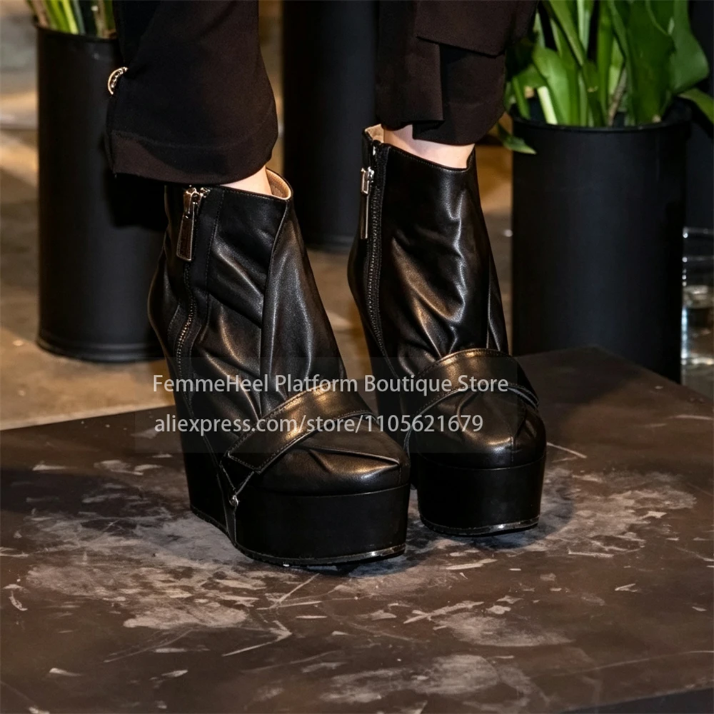 PU Leather One Strap Zip Platform Wedge Ankle Boots Round Toe High Heel Bootie Sexy Runway Y2k Street Plus Size Custom Color