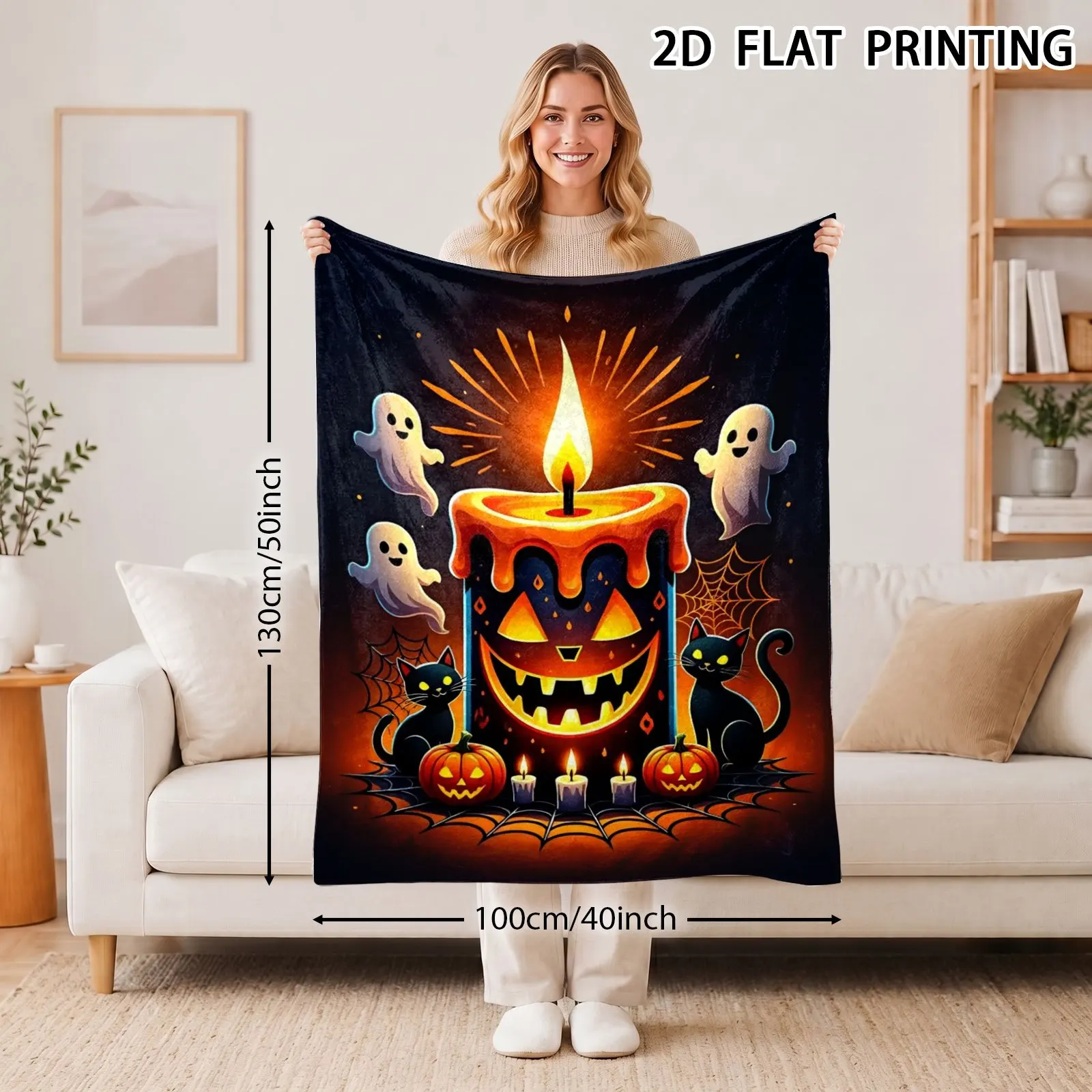 1pc 1pcs Cozy Retro Flannel Blanket Suitable for Camping, Nap & Office Use - Soft Warm Suitable for - Bedspread with Spooky Pumpkin & Candle Print, for, Foroffice Use, Birthday Gift for,, Christmas Gifts