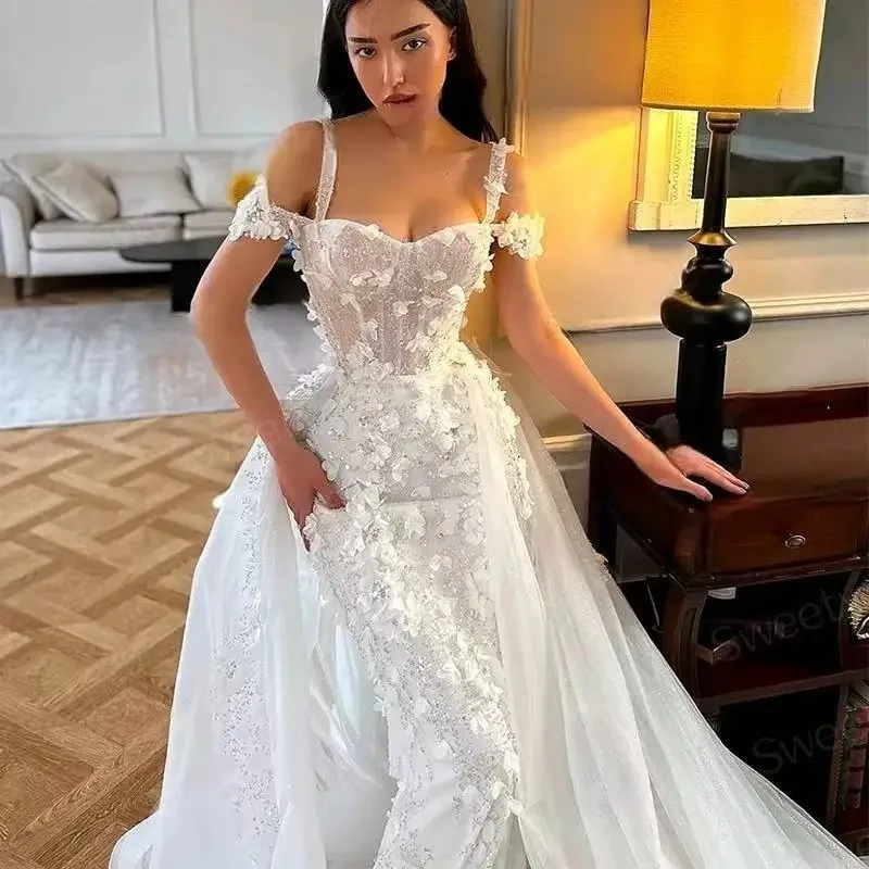 2026 Women's Sexy Luxury Shining Detachable Train Wedding Dress Embroidered Mermaid Ball Dress Sleeveless Customization