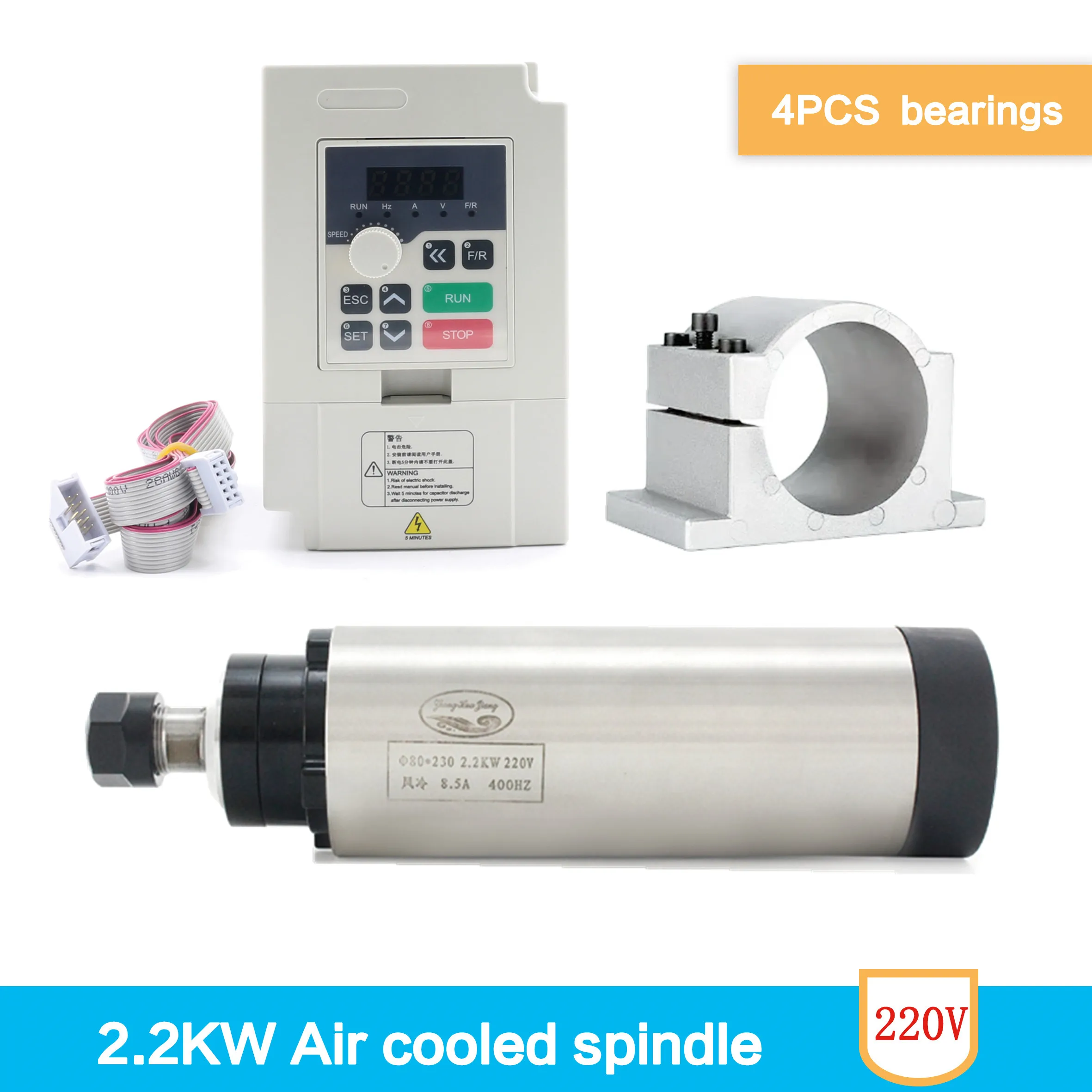 【EU Stock】Air Cooled CNC spindle motor Kit 2.2KW ER20 400HZ 24000RPM 220V + 2200W VFD inverter 1000Hz for CNC Router Milling