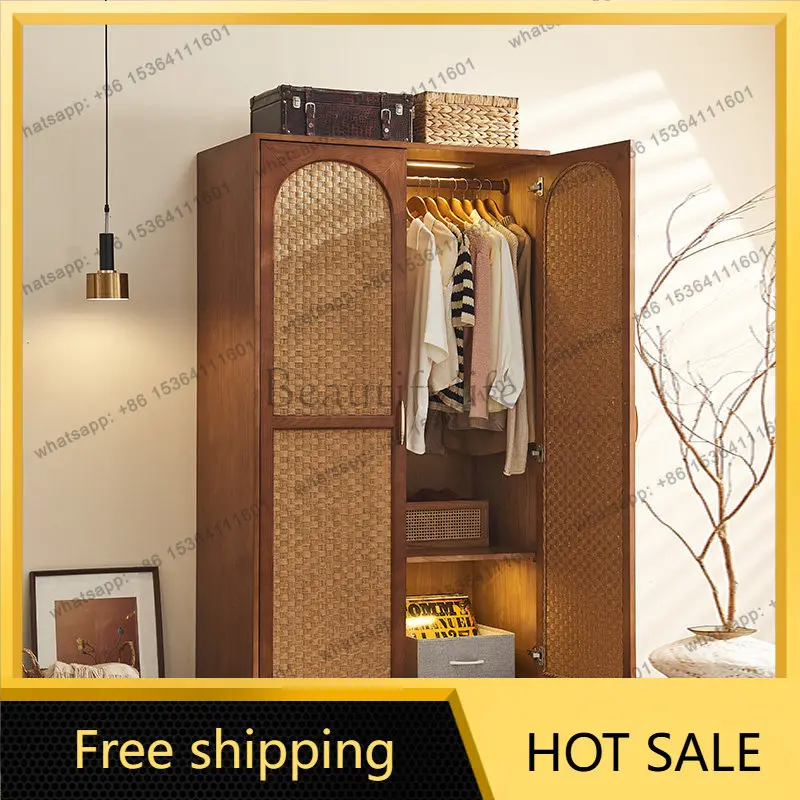 LD wabi-sabi retro cabinet bed and breakfast bedroom double door solid wood rattan wardrobe