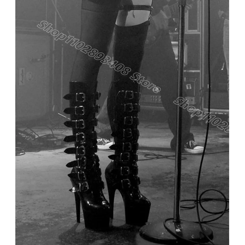 

Black Buckle Decor Patent Leather Boots Round Toe British Style Women Spring Party Sexy Dance Knee Boots Zapatos Para Mujere