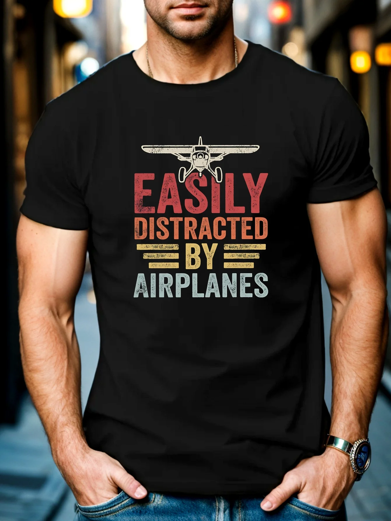 

EASILY DISTRACTED BY AIRPLANES T-Shirt 100% Cotton O-Neck Short Sleeve Summer Casual Mens T-shirt Streetwear