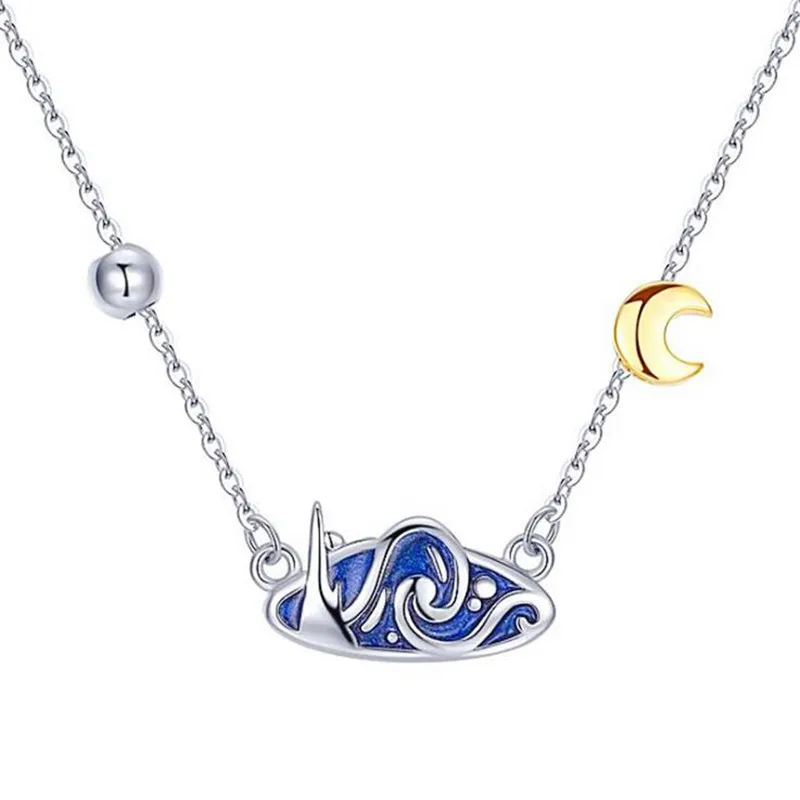 Uini-Tail Hot Sale New 925 Tibetan silver Van Gogh Star Necklace Personality Fashion Trend Sweet Golden Moon Necklace  XL007