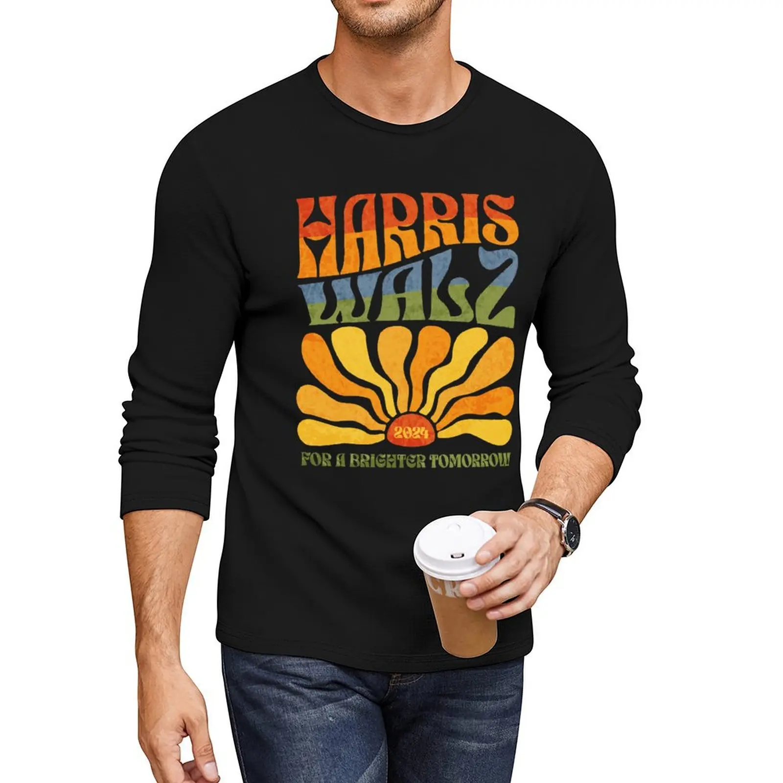 

Harris Walz 2024 Vintage Boho Groovy Retro Rainbow Kamala Harris 2024 Long T-Shirt cute clothes plus size tops tops mens t shirt