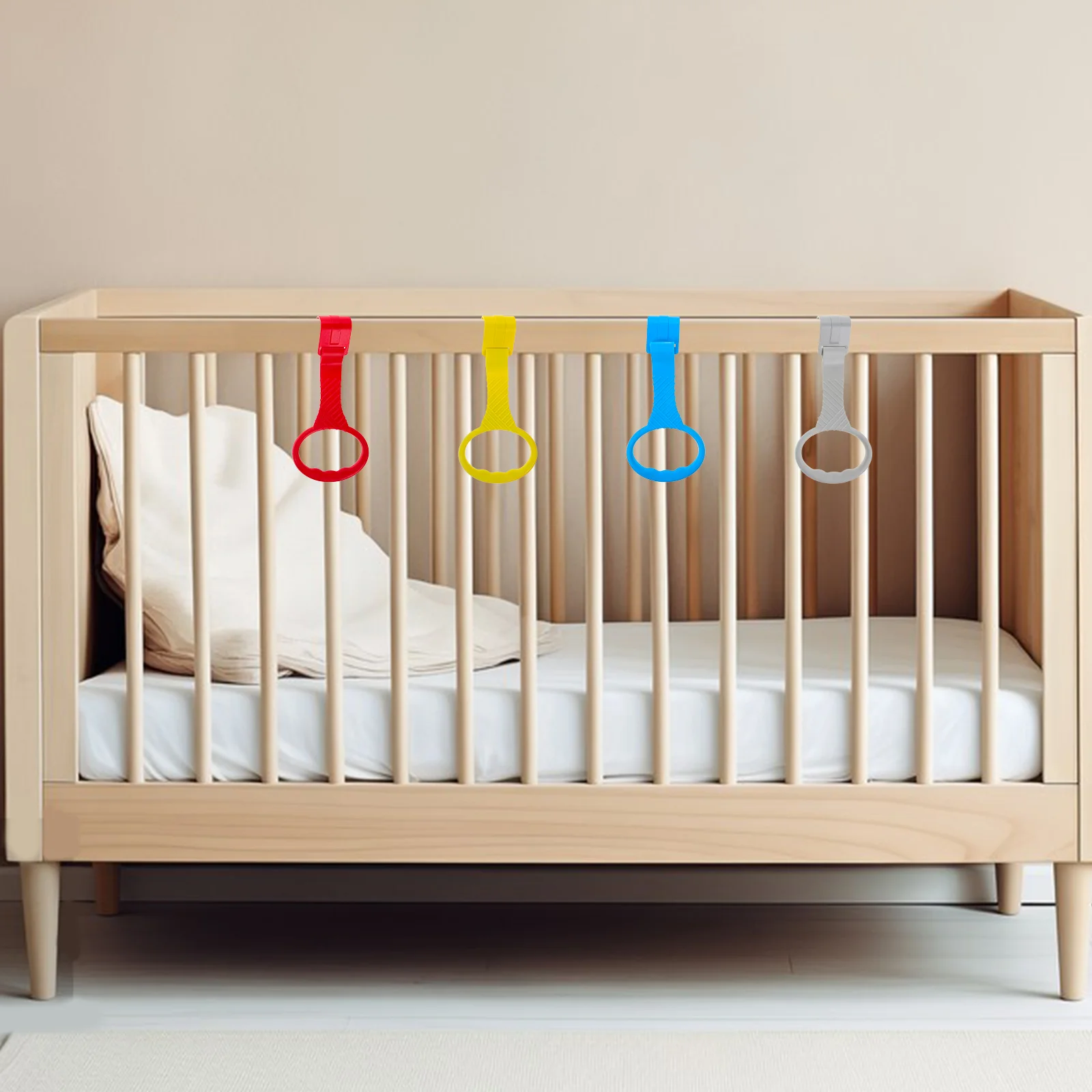 

4 Pcs Baby Playpen Toys Hooks Hanging Nursery Cot Rings Toddler Training up Plastic Pull Bars Help Stand Child Bed Crib