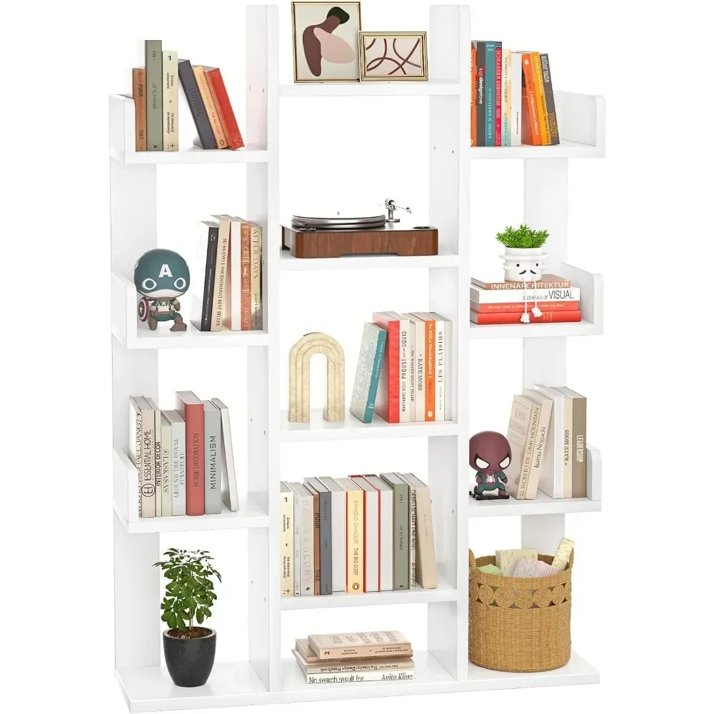 

Tree shaped bookshelf storage rack with 13 compartments, industrial floor standing wooden household open bookshelf