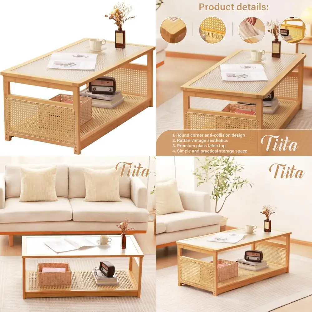 Mid-Century Modern 2-Tier Storage Coffee Table with Rattan and Glass Top for Living Room
