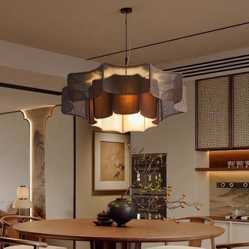 New Chinese restaurant chandelier, Song Dynasty aesthetic chandelier, dining hotel B & B hotel bedroom retro Zen rattan lamp