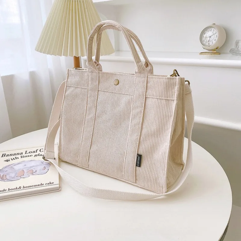 

Korean Version Of Leisure Large Capacity Shopping Bag Fashion Corduroy Canvas Handbag Simple Retro Literary Shoulder Bag For Wom
