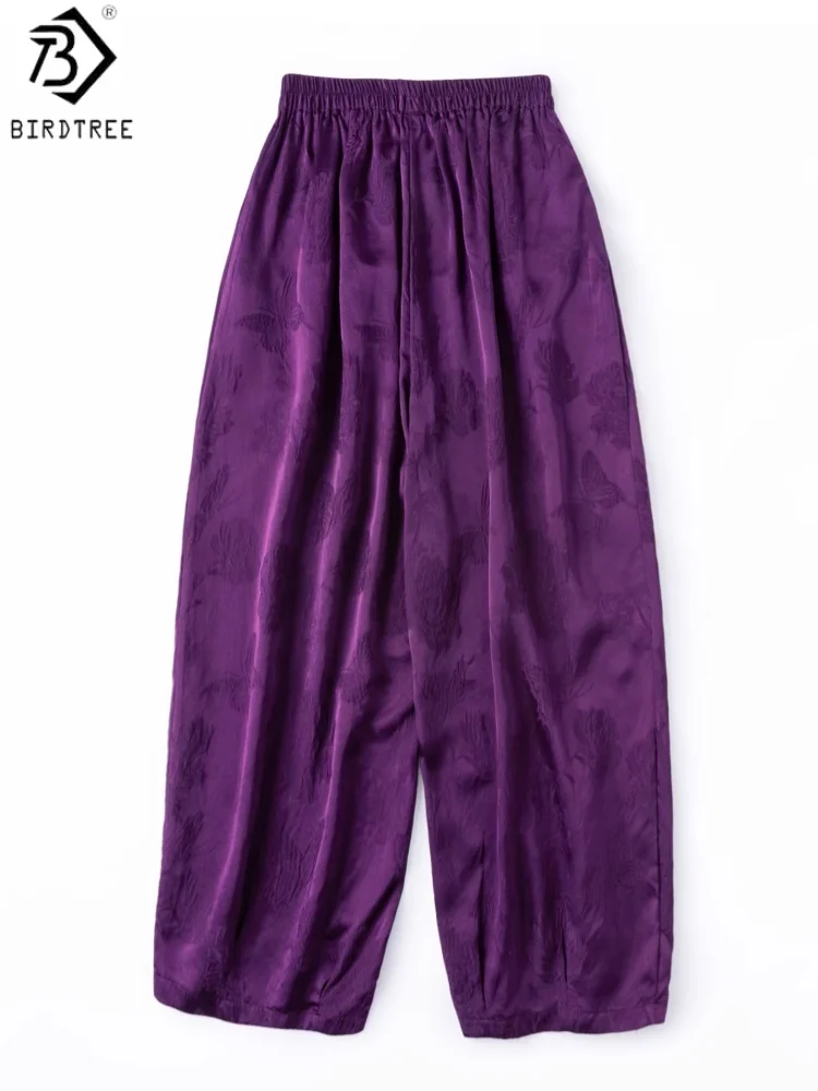 

Birdtree, 100% Real Silk Jacquard Pants, Women's Guanle Crepe Loose Lantern Trousers, Elastic Waist, 2026 Spring New P64324JF