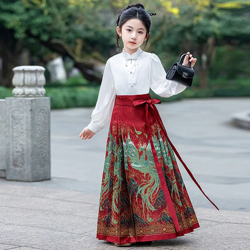 

Vintage Girls Chinese Traditional Hanfu Horse Face Skirt Dress Kids Pleated Mamian Skirts Suit Children Ancient Perform Clothes