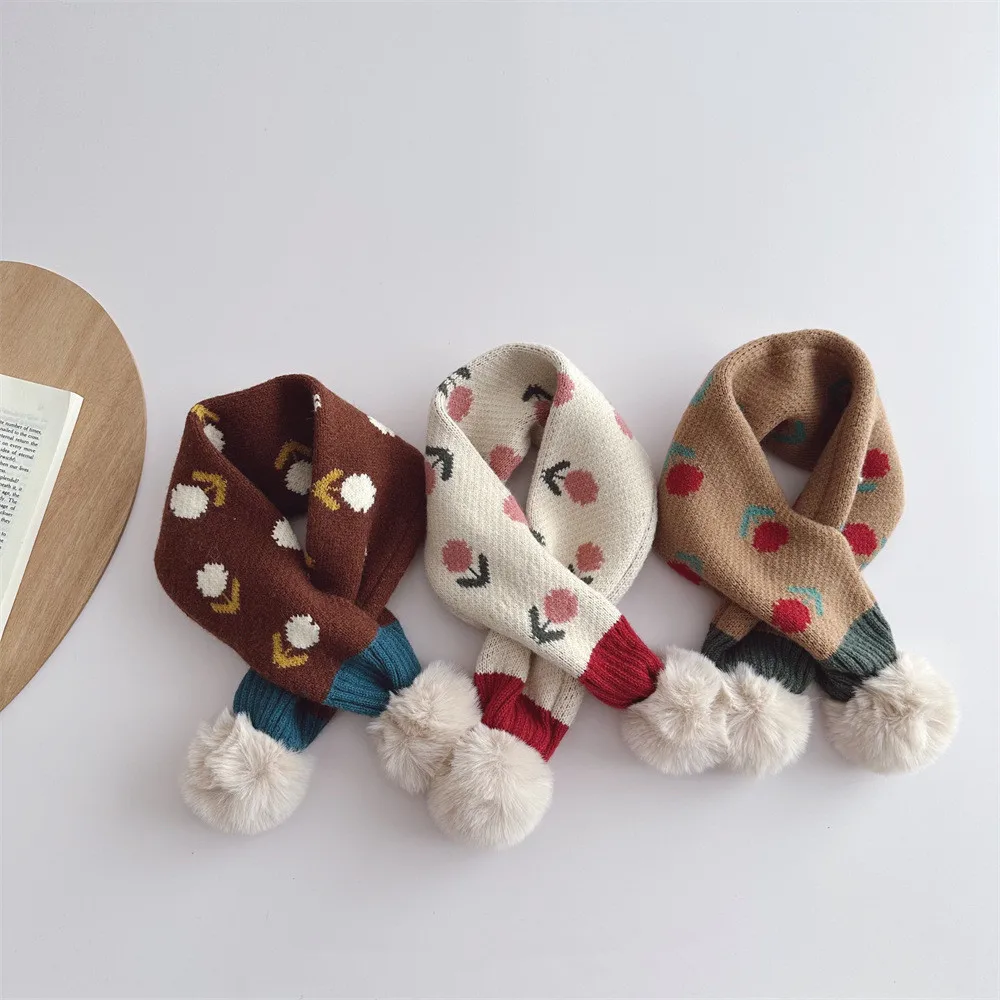 Korean Style Winter New Children Knitted Cross Scarves Jacquard Pompon Toddlers Kids Warm Neckerchief