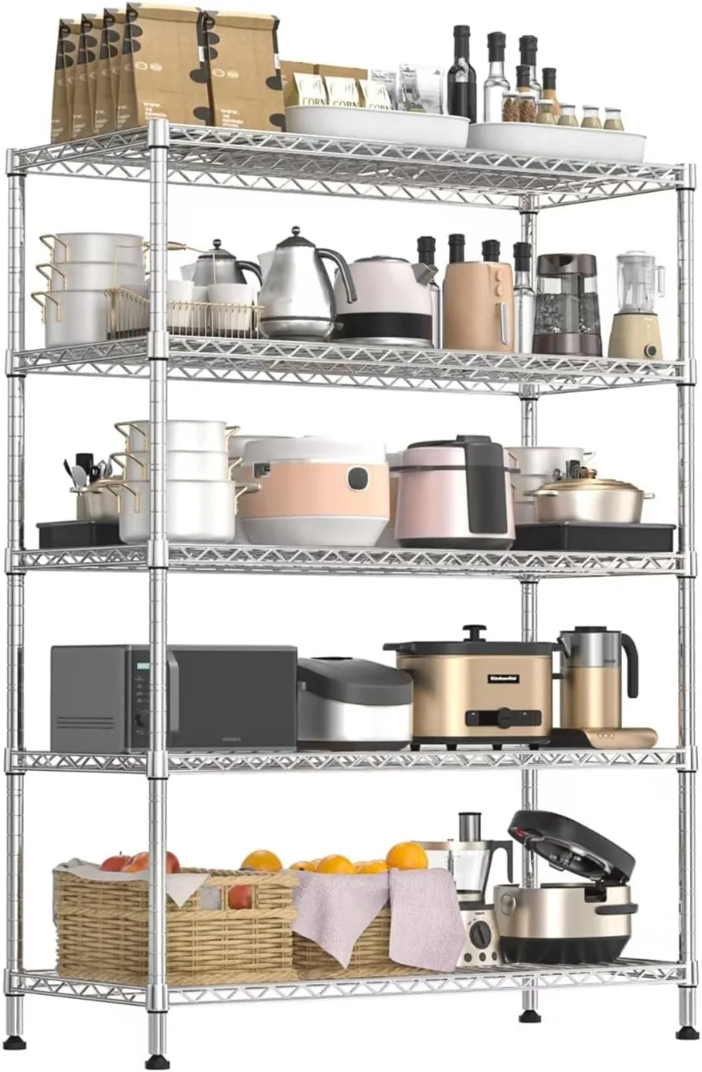 5 Tier Chrome Storage Racks and Shelving,Each Unit Loads 350 Pounds Wire Shelf, Suitable for Warehouses, Closets, Kitchens