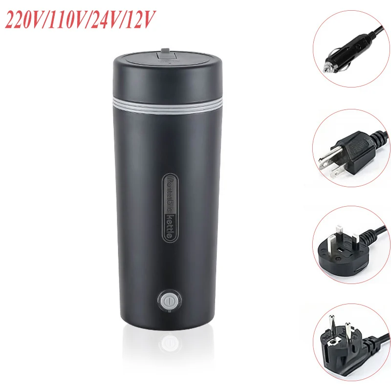 12V 24V 110V 220V Portable Electric Kettle Fast Boil Water Cup Travel Office EU US UK Car Plug Heating Bottle Stainless Steel