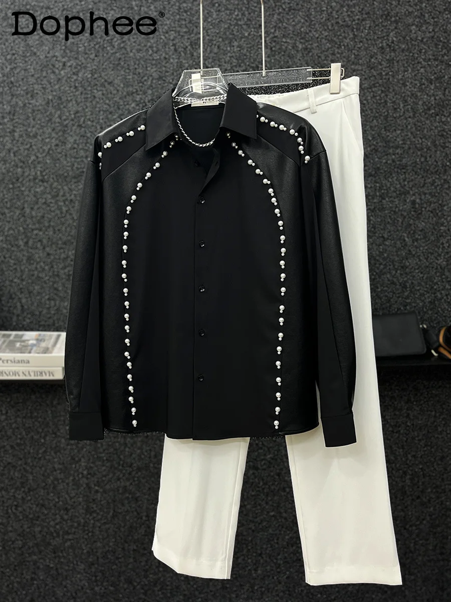 

Men's 2024 Spring Autumn New Trendy Versatile High-End Shirt Splicing Black White Handsome Tops Fashion Pearl Long-Sleeve Shirts