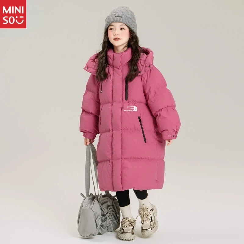 

Miniso 2025 Girls' Long Puffer Coat: Thick Warm Hooded Winter Jacket for Big Kids, Fashionable & Cozy Outerwear